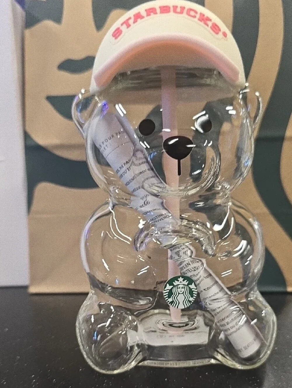 Starbucks Pink Drink Bear Cup with Pink Strawberry Cap And Topper